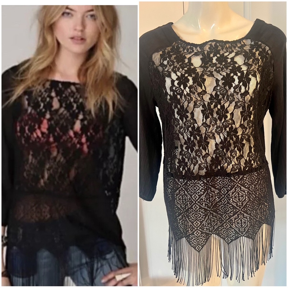 Free People Windows of Lace Elegant Black Lace Fringe Festival Top Size Small